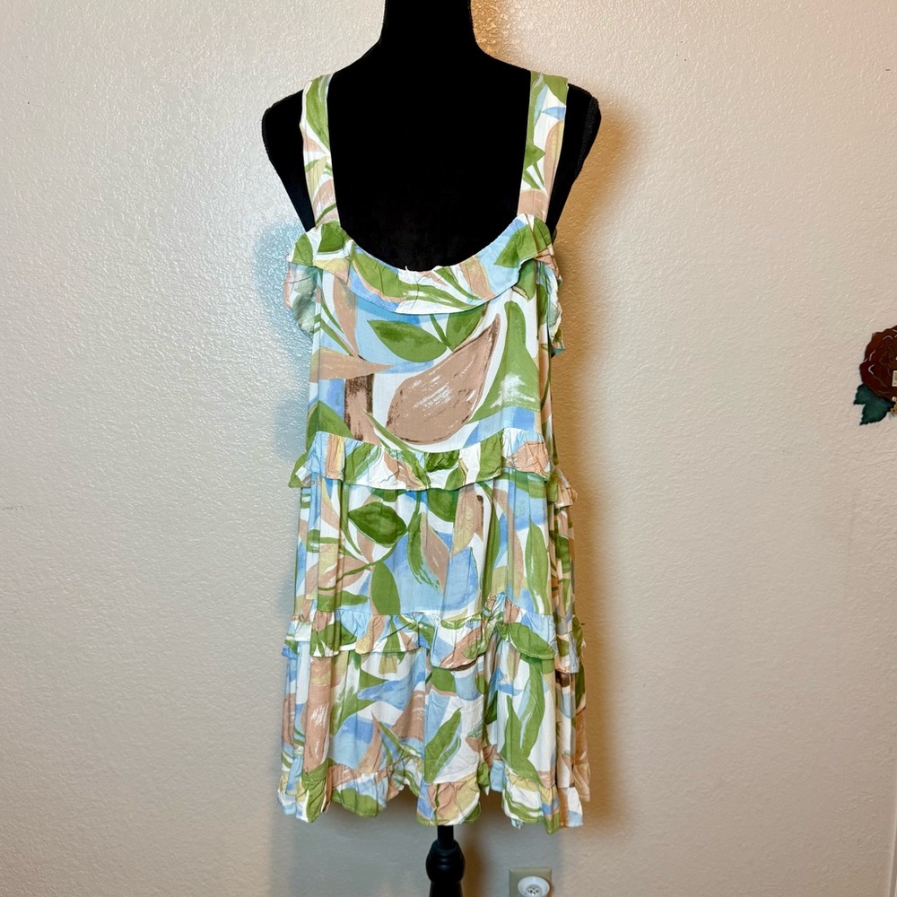 Girl And The Sun Ruffle Sun Dress Watercolor Leaf Print White Green Tan Size XL - Picture 7 of 14